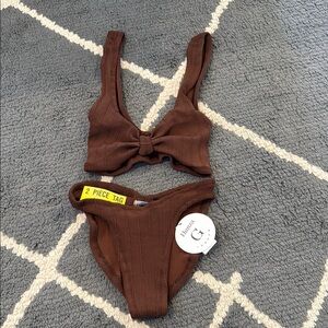 Hunza G Chocolate Brown Textured Bikini with Bow Detail